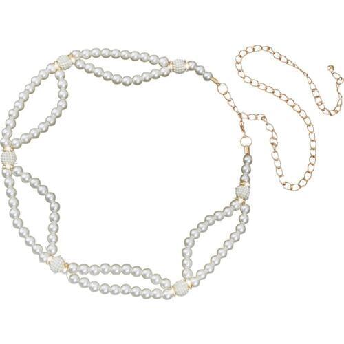 Womens Chain Pearl Rhinestone Waist Belt Stretch Waistband Gold Waist Belt