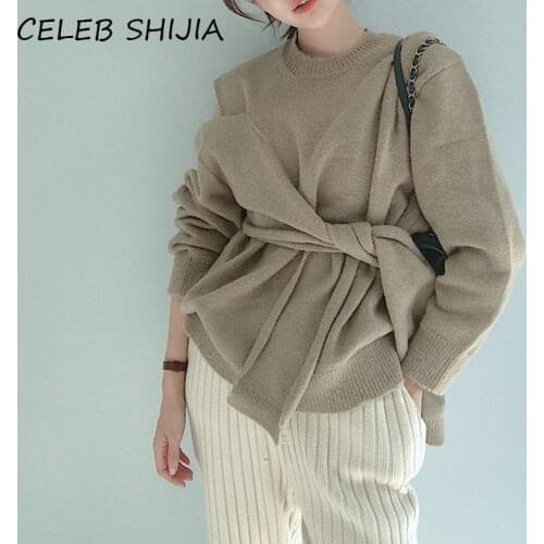 SHIJIA O-neck Casual Warm Sweater For Woman Autumn Winter Solid Bow Full Sleeve Khaki Knitted Jumper Pullover Woman 2020 Chic