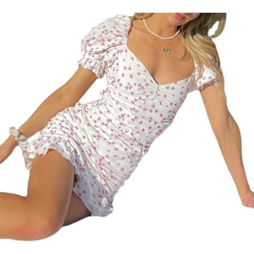 Women’s Casual Short Sleeve Dress Fashion Floral Lace-up Backless Mid-waist Midi Dress