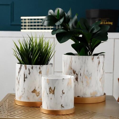1pc Marble Style Creative Ceramic Plant Pot With Gold Tray Household Decoration Plants Holder