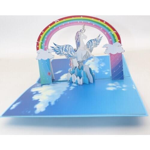 3D Handmade Blue Sky Rainbow Cartoon Flying Unicorn Paper Invitation Greeting Cards Kids Girlfriend Birthday Party Festival Gift