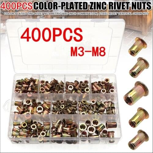 400Pcs Mixed Carbon Steel Rivet Nut M3 M4 M5 M6 M8 Nut Zinc Plated Flat Head Threaded Insert Nut Kit