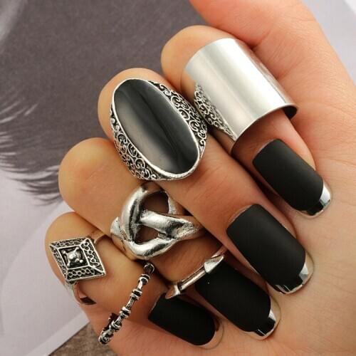 6PCS/SET Vintage Geometric Twisted Exaggerated Big Wide Rings Set for Women Punk Antique Silver Color Knuckle Midi Rings Set