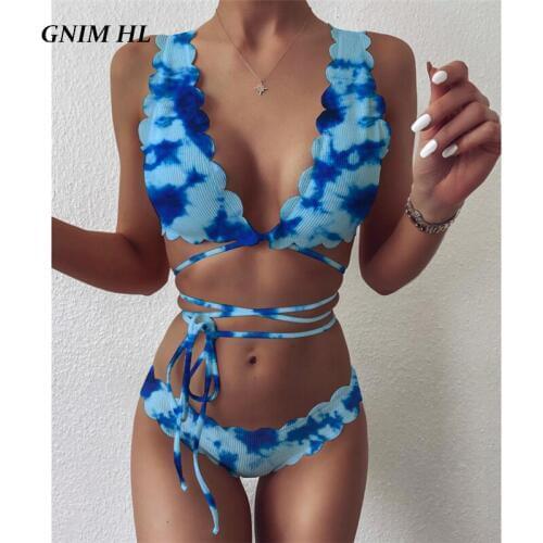 High Cut Ruffle Bikini Swimwear Women Two Pieces Summer 2020 Sexy Bandage Print Swimsuit Female Two Pieces Beachwear Biquini Set