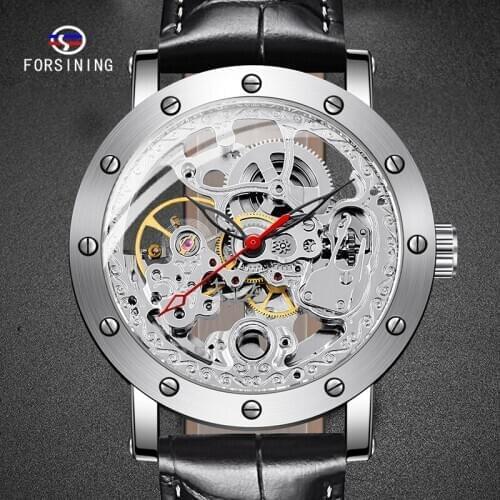 FORSINING Male Watch Black Watches Hand Wind Black Silve Mens Clock Leather Strap Style successful Men Wristwatch