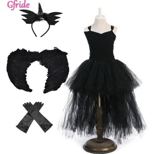 Kids Witch Queen Girls Halloween Fancy Dress Costume Headband Wings Children Christening Dress Up Black Gown Villain Clothes