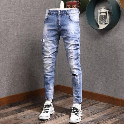 American Street Style Fashion Men Jeans Retro Light Blue Elastic Slim Ripped Jeans Men Painted Designer Hip Hop Denim Punk Pants