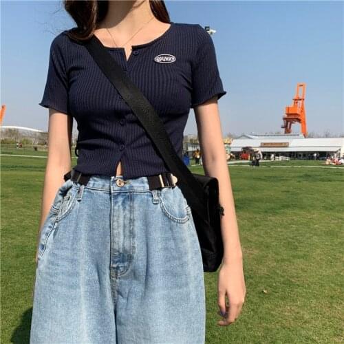 T-shirt Women Short Sleeve Retro Slim Crop Top Solid Simple Knitted Harajuku Womens Outwear Female Single Breasted Tee Clothes