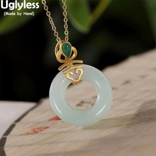 Uglyless Hollow Natural Gemstones Emerald Circle Pendants for Women Eastern Beauty Peace Buttons Necklaces NO Chains 925 Silver