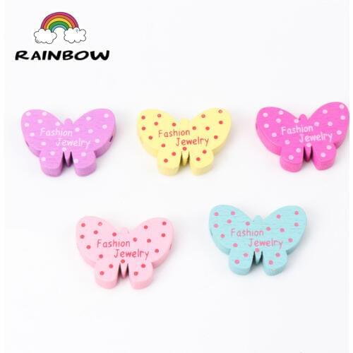 Mixed Colours Butterfly Shape Dot Letter Pattern Wooden Material Spacer Beads For Jewelry Making DIY 25x18mm 20pcs
