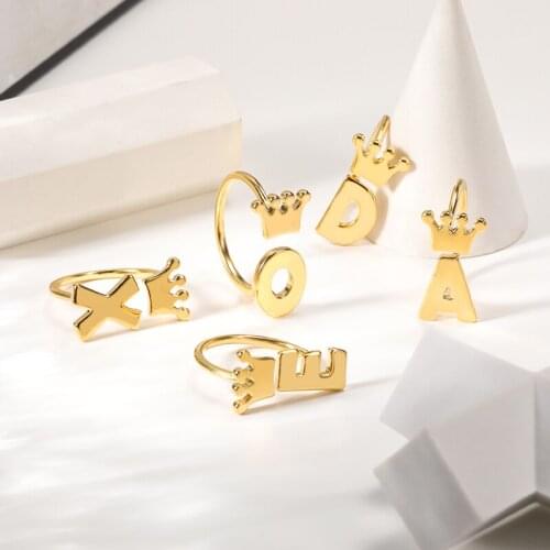 Chunky Initial A-Z Letter Stainless Steel Rings Metal Adjustable Opening Ring Name Alphabet Female Party Fashion Crown Jewelry