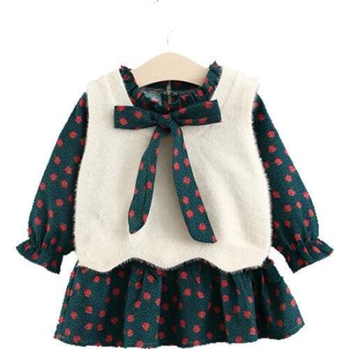 Fashion Baby Girls Sweet Dress Baby Autumn Long Sleeve Princess Dress +Plush Vest Kids Cute Floral Printing Clothing
