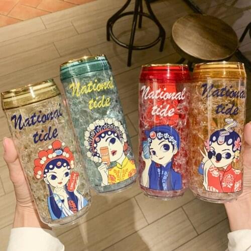 Cartoon Cans Ice Cup Cute Plastic Water Bottle with Lids Fruit Milk Drink Bottles Double Layer Refrigeration Crushed Ice Cups