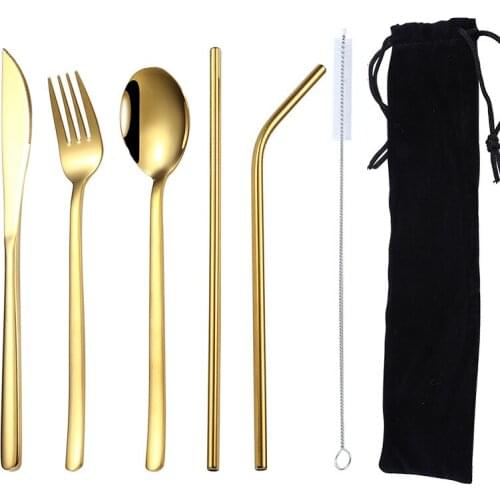 6Pcs Travel Portable Cutlery Set Stainless Steel Spoon Fork Metal Straw Cleaning Brush Tableware Set Camp Utensils Suit with Bag