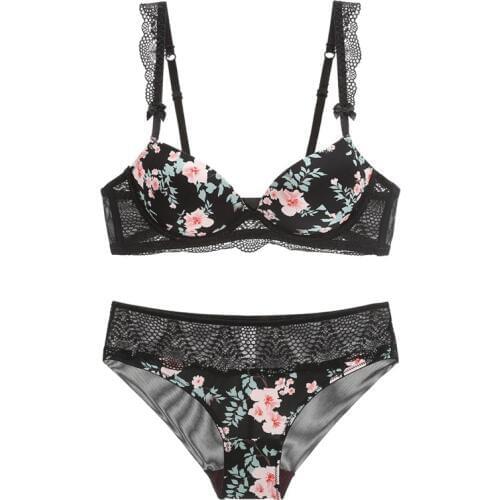 Smooth Cup Flower Printed Bra Set With Lace Bra and Panties Set Sexy Push Up Lacy Underwear Women Lingerie White Black