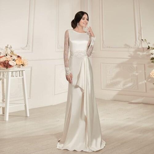 New Listing O-Neck Buttons Up Back Floor Length Beading Appliques Long Sleeve Best France Satin Mermaid Wedding Dress