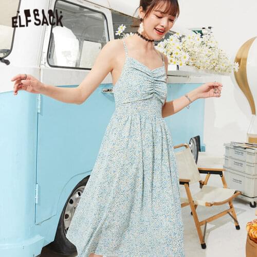 ELFSACK Floral Print High Waist Casual Summer Slip Dresses Women 2021 Stylish Vintage Sexy Ladies Bohemia Holiday Dress