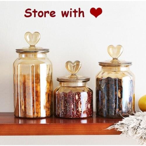 Transparent Heart Shaped Lid Glass Container Amber Glass Sealed Jar Storage Bottle Coffee Bean Kitchen Food Storage Containers