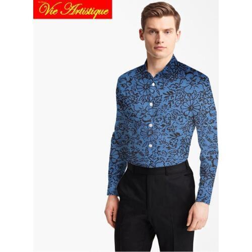 Custom tailor made Mens bespoke cotton floral shirts business formal wedding ware blouse jeans blue print black flower fashion