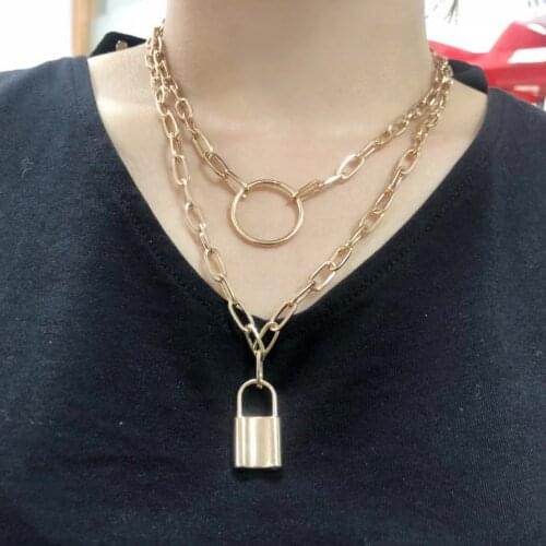 Layered Chain Circle Lock Pendant Necklace Jewelry For Women Punk Choker Padlock Gothic Collar Party Jewelry Accessories