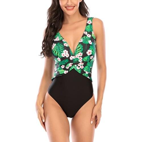 Womens Flower Printed Patchwork Swimsuit Sleeveless Deep V-neck Backless Triangle Tank Swimwear One-Pieces Bathing Suits