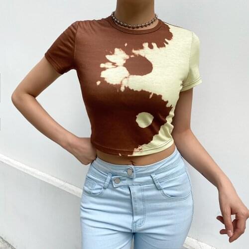 Stylish Yin Yang Graphic Crop Top Female Summer Slim Casual Wild T-Shirt Shirt Sleeve O-Neck Color Patchwork Fit Shirt Clothes
