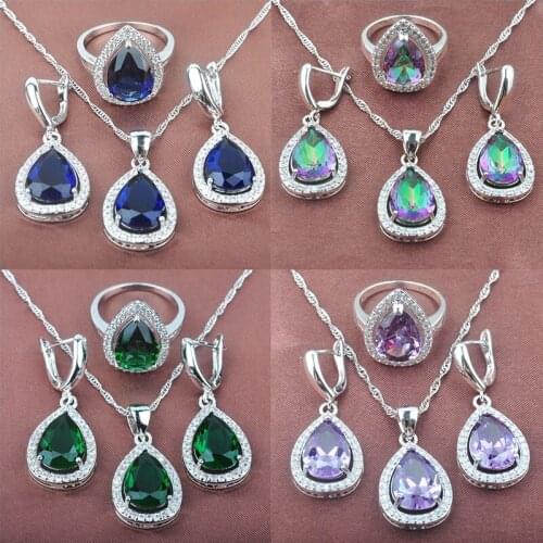 Water Drop Blue Zirconia Womens Jewelry Sets Wedding Silver Color Necklace Crystal Pendant Earrings Ring TZ0105