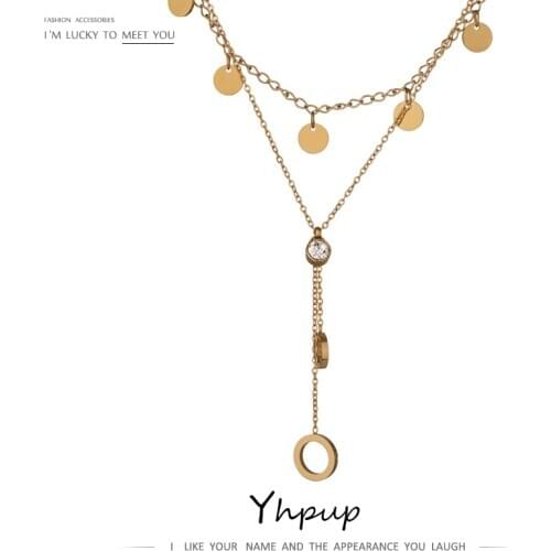 Yhpup Exquisite Layered Long Circle Pendant Necklace for Women Stainless Steel High Quality Cubic Zirconia Choker Necklace 2021