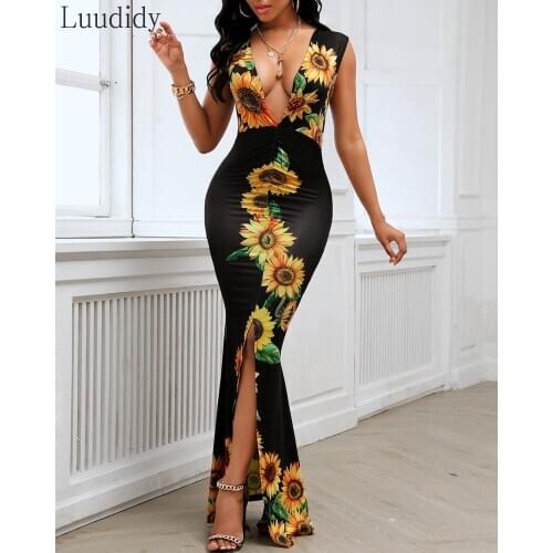 Women Sexy Plunge Sunflower Print Slit Fishtail Hem Maxi Dress