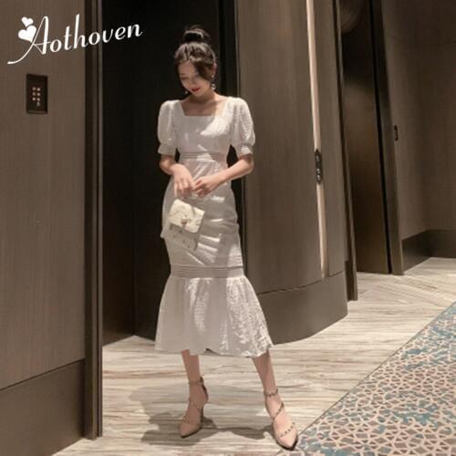 2020 Summer Women Fashion Mermaid Dress White Short Sleeve Square Collar Dress Elegant High Quality Vestidos Lady Party Dresses