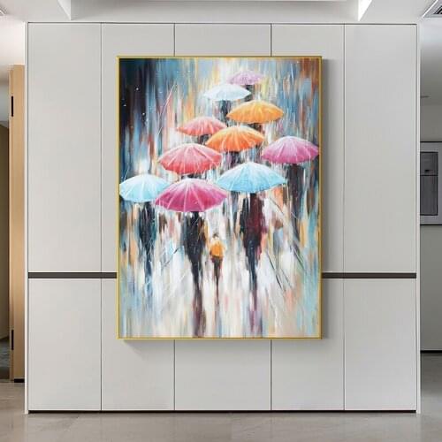 Abstract Rainbow Umbrella In The Rain Canvas Painting Street Landscape Posters and Prints Wall Art Picture for Living Room Decor