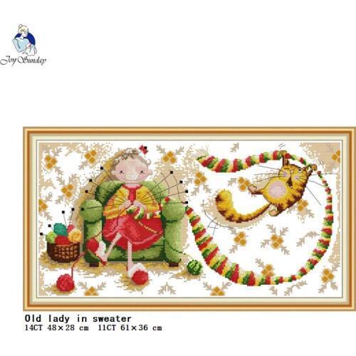 Old lady knitting sweater counted cross stitch kit 14ct 11ct canvas print pattern DIY needlework embroidery set home decoration