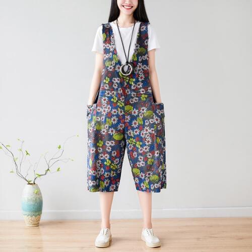 Printed Baggy Denim Jumpsuits Mori Girl V-Neck Sleeveless Overalls hanging crotch Jeans Plus Size Tassel Wide Leg jean Rompers
