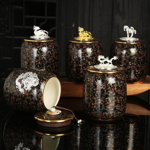 Chinese Style Light Luxury Ceramic Storage Jar Household 1000ml Large Capacity Sealed Jar Living Room Tea Table Storage Tea Box