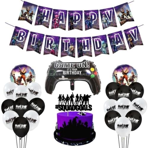 Fortnite birthday Party Decoration Set Purple Series Birthday Pull Flag Handle Aluminum Film Balloon Cake Insert Flag 25pcs/set