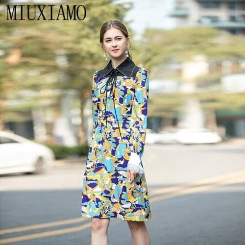 MIUXIMAO High Quality 2020 Runway Designer Spring Dress WomenFull Sleeve Flower Print Elegant Casual Dress Women vestidos