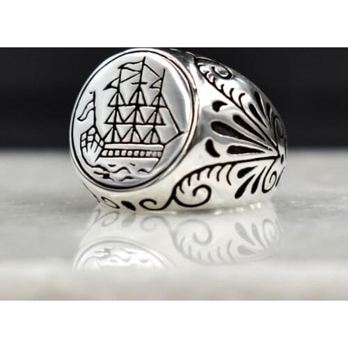 Genuine 925 Sterling Silver Turkish Ring for Men Natural Signet Sailor Ship Mens Cool Punk Male Rings Fashion Jewelry Gift