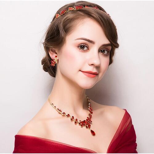 Bridal Headwear Red Crystal Wedding Jewelry Set Accessories Clip Earrings + Rhinestone Necklace + Headband Marry Beauty Ornament