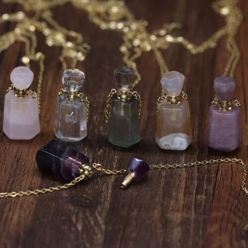 Natural Stone Charm Perfume Bottle Necklace Rose Quartzs Amethysts Trendy Necklace Jewelry Party Gift for Women