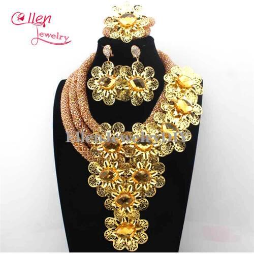 New Luxury African beads jewelry sets india flower beads nigerian wedding beaded bridal necklace dubai jewelry sets E1144