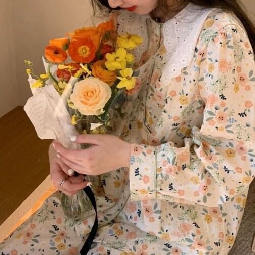 QWEEK Womens Two Piece Sets Korean Flowers Pajamas Loose and Comfortable Sailor Collar Pijamas Girls Home Clothes Spring Autumn