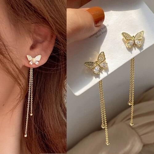 Korean Crystal Butterfly Tassel Stud Earrings For Women Gold Color Shine Rhinestone Sweet Dangle Eardrop Wedding Party Jewelry