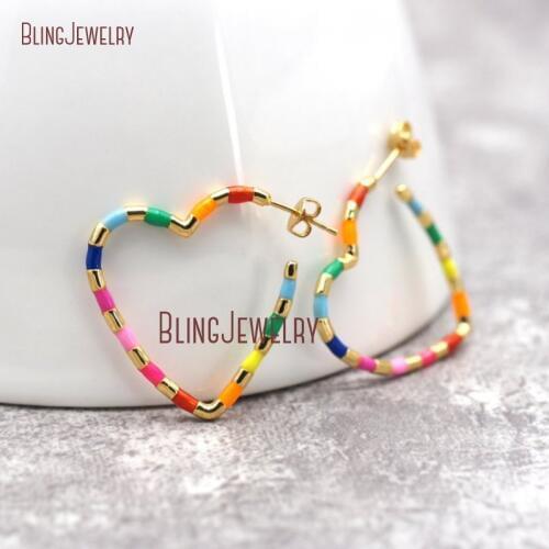Heart Hoop Earrings Pink White Turquoises Rainbow Enamel Open Hoop Drop Earrings ER28984