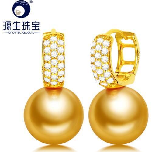 YS 11-12mm Natural Saltwater South Sea Pearl 18K Solid Yellow Gold Drop Earrings Fine Jewelry For Women