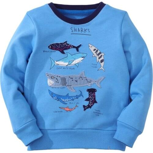 Jumping Meters Boys Long Sleeves Shark Embroidery Pattern Sweatshirts Kids Clothes Autumn Outerwear Blue Clothing 2-7Years