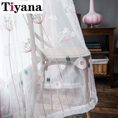 Pink Dandelion Floral Embroidered Tulle Sheer Curtains For Living Room Blue Voile Window Curtains For Children Bedroom JK071Z