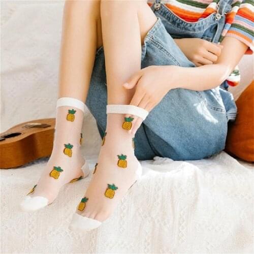 Ultra-thin Glass Silk Fruit Transparent Funny Socks Avocado Cherry Pineapple Mesh Short Socks Harajuku Glass Skarpety Lace Sock
