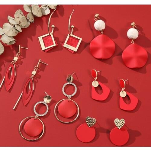 LOVOACC Multiple 2021 New Year Red Color Geometric Earrings for Women Round Square Heart Ball Rhinestones Dangle Earrings Brinco