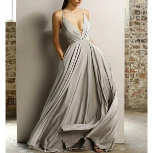 Sexy Grey Long A-Line Satin Prom Dresses with Pockets Criss Cross Back Robe De Soiree Floor Length V-Neck Formal Party Gown