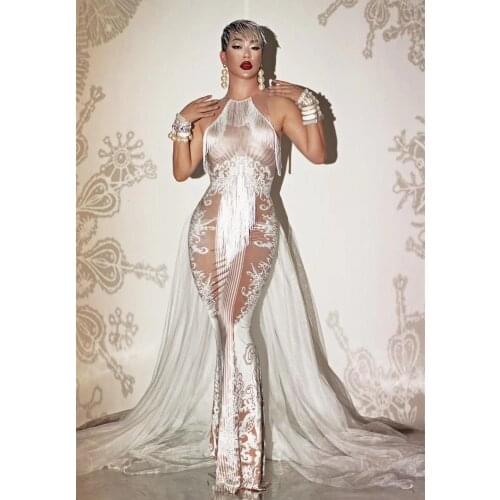 Vintage Printing White Tassels Tailing Dress Female Party Wedding Prom Stage Costume Fringe Long Dresses Singer Concert Dress